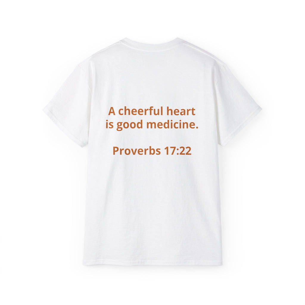 Smile Sun T-Shirt — "SMILE" Front with Proverbs 17:22 Inspirational Tee